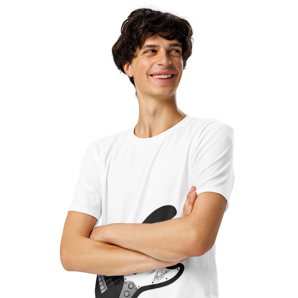 Air Guitar T-shirt with long-neck electric bass graphic model smiling