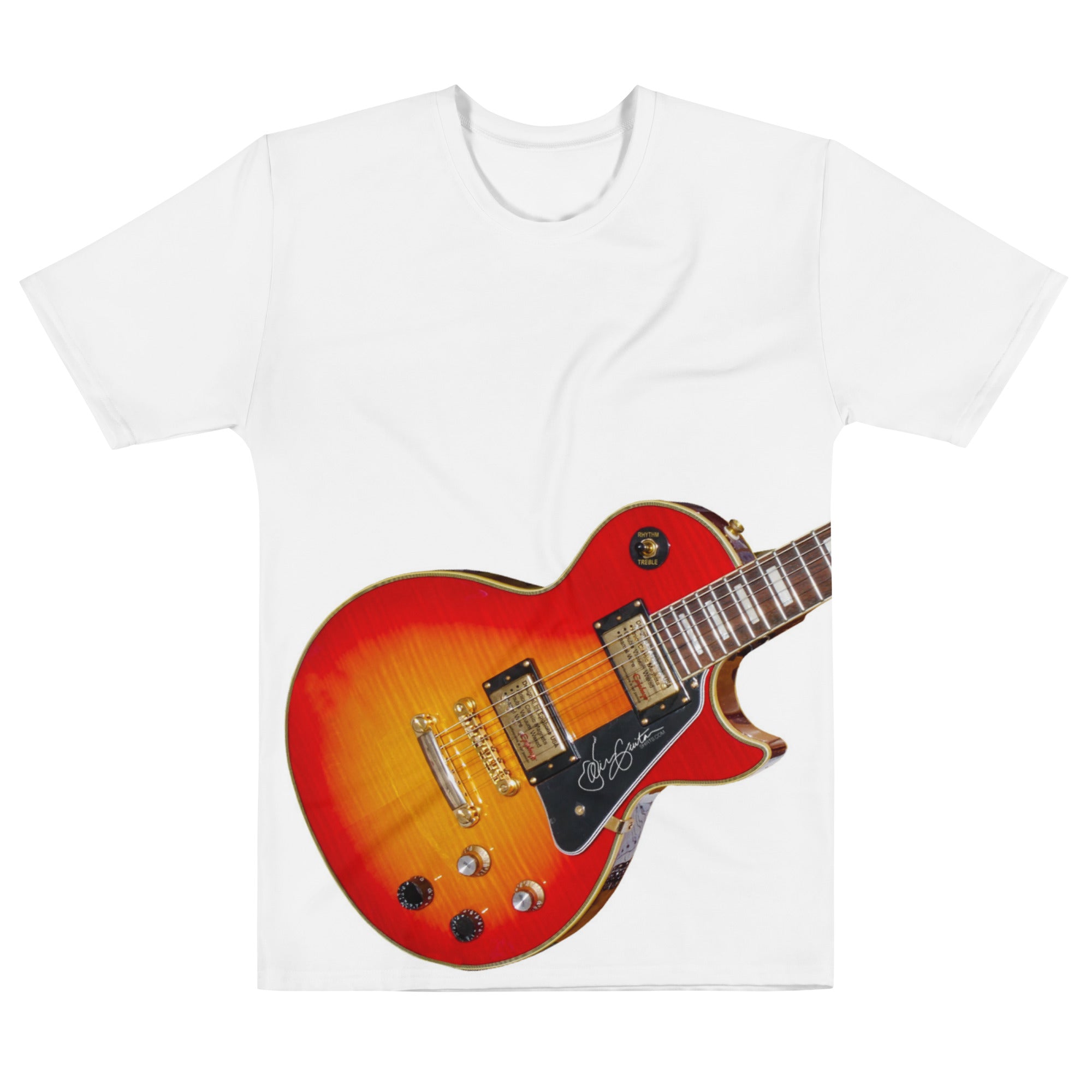 Close-up of vintage guitar parody design on black tee.