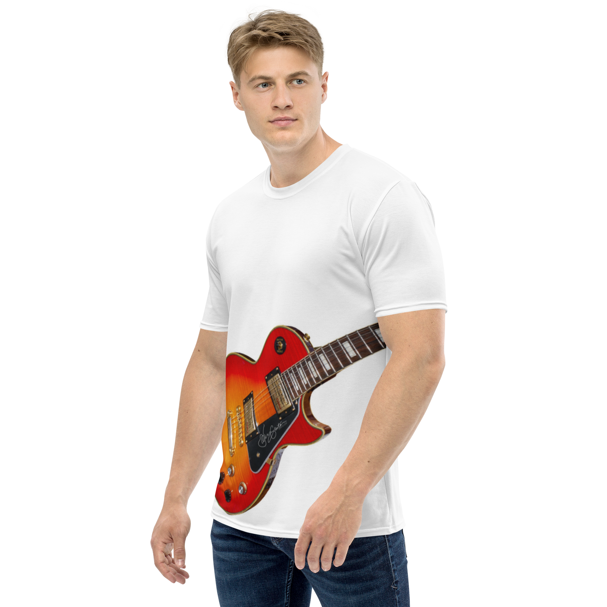 Humorous musician shirt featuring faux Les Paul guitar artwork.