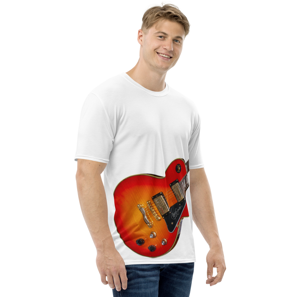 air guitar musician shirt featuring faux Les Paul guitar artwork.