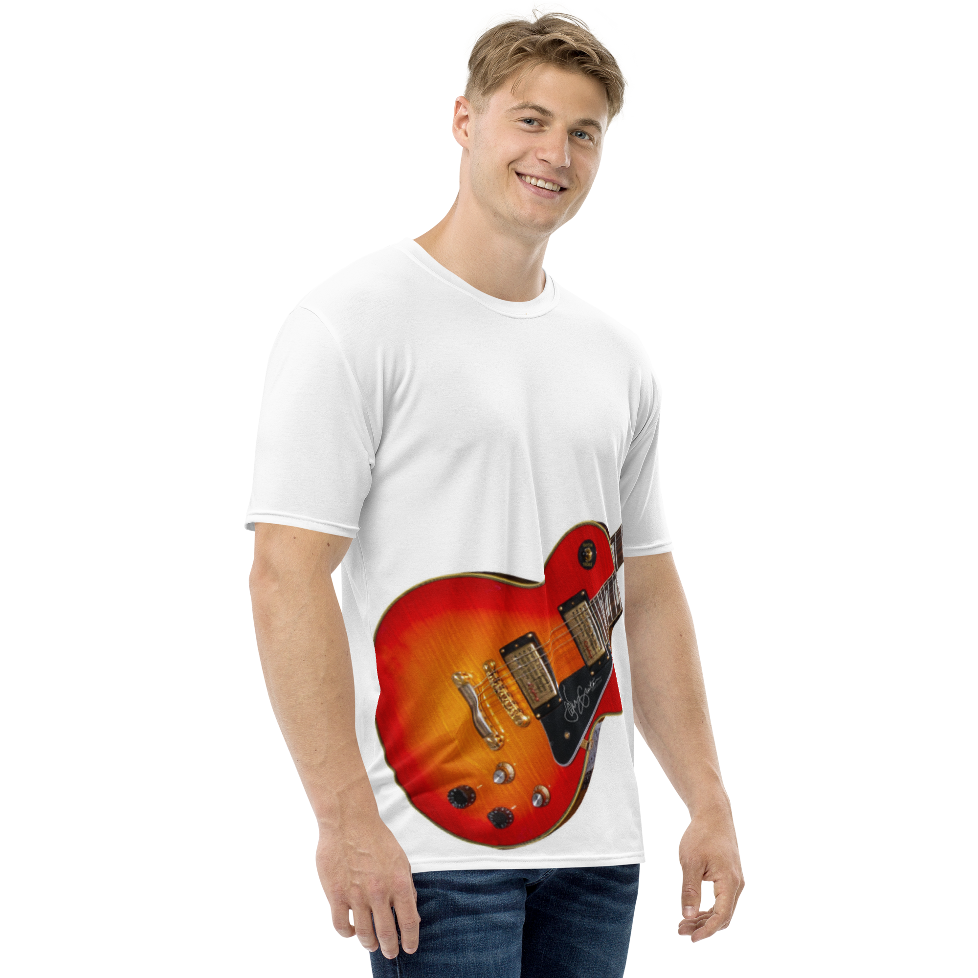 air guitar musician shirt featuring faux Les Paul guitar artwork.