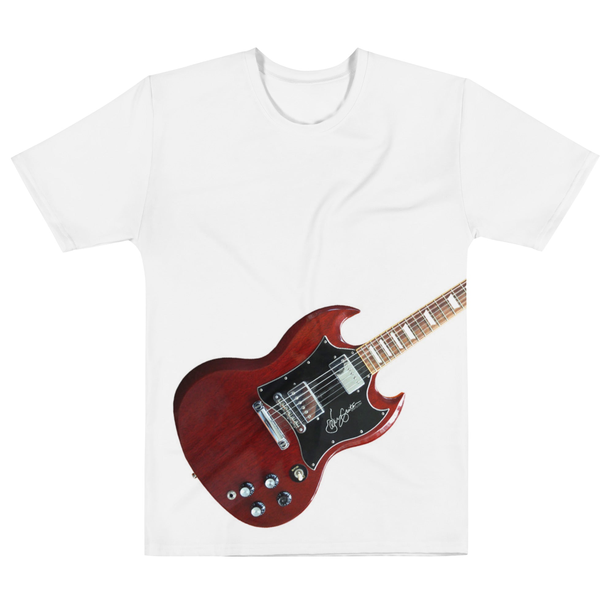 Close-up of SG parody guitar artwork on humorous rock-themed tee