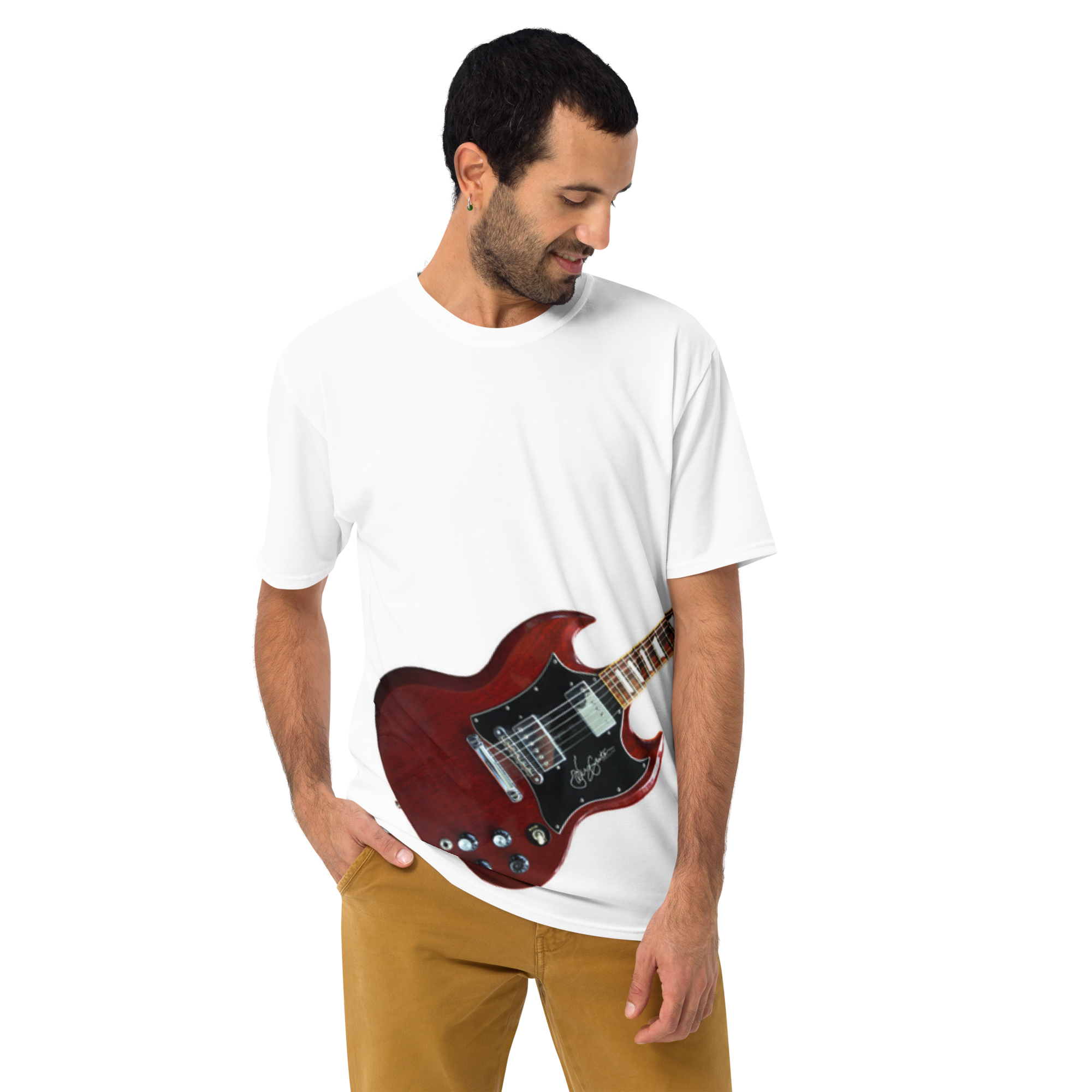 SG-style Air Guitar T-shirt featuring retro double-horn electric guitar graphic.