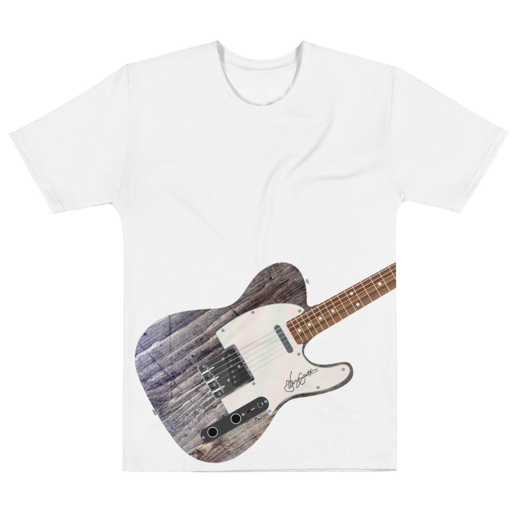 Close-up of vintage Telecaster air guitar parody art on white tee.