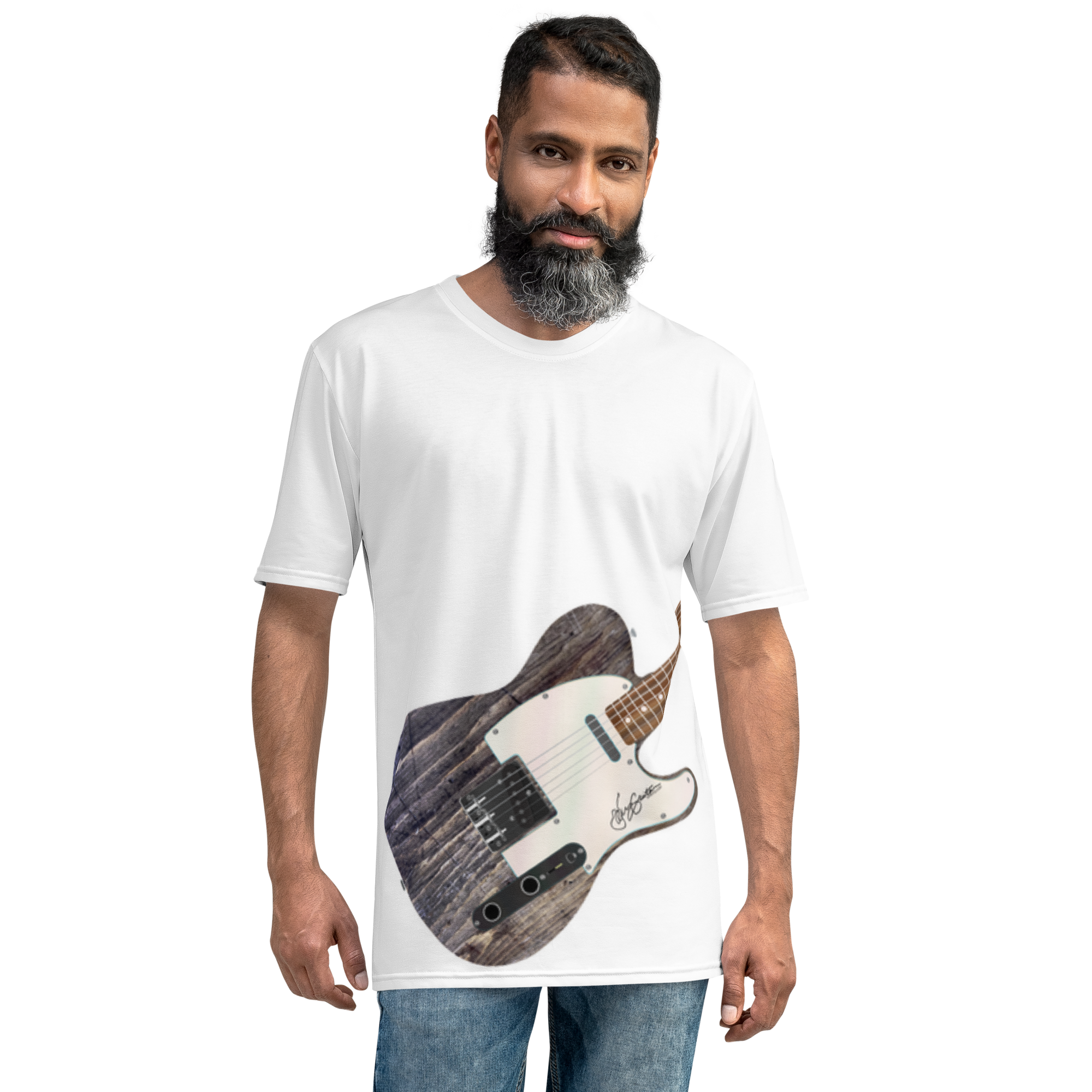 Telecaster-style Air Guitar T-shirt with retro electric guitar graphic.