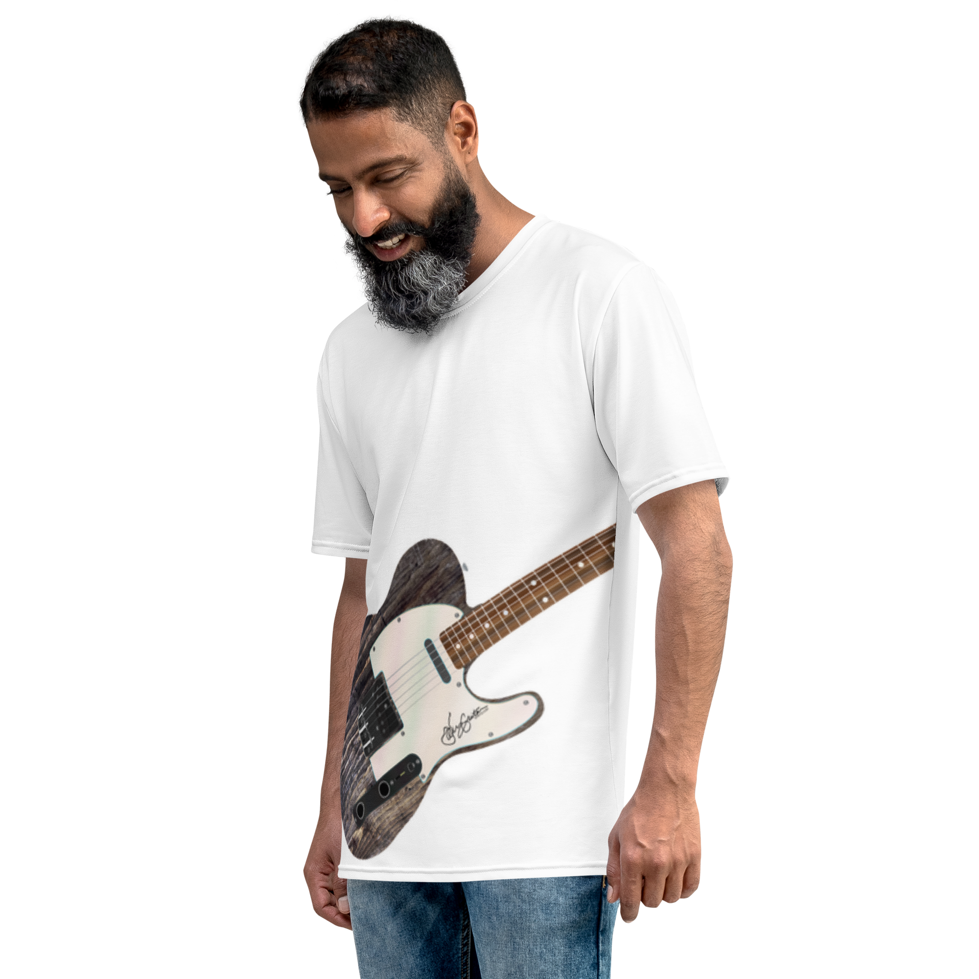 telecaster style air guitar shirt on white tee