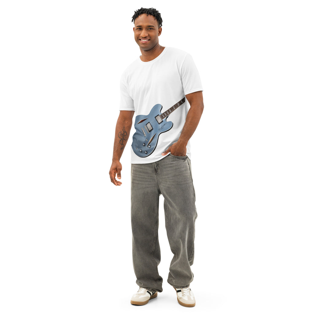 White tshirt Blue Hollow Body-style design print-guitar player-air guitar enthusiast-music lover