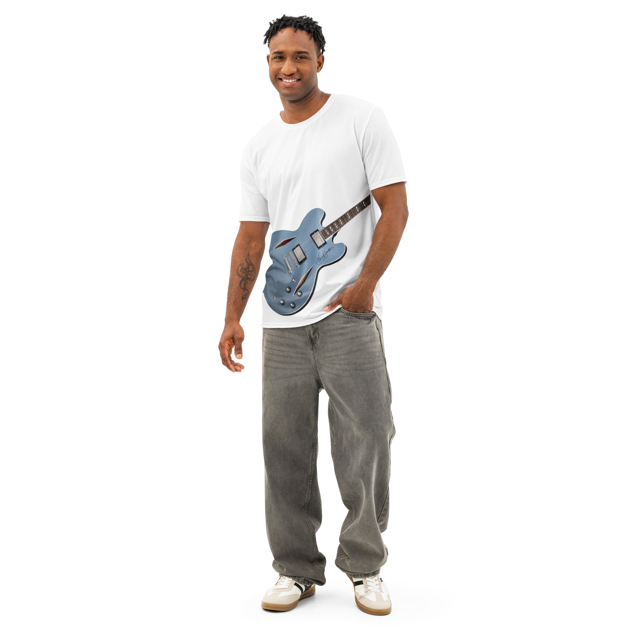 White tshirt Blue Hollow Body-style design print-guitar player-air guitar enthusiast-music lover