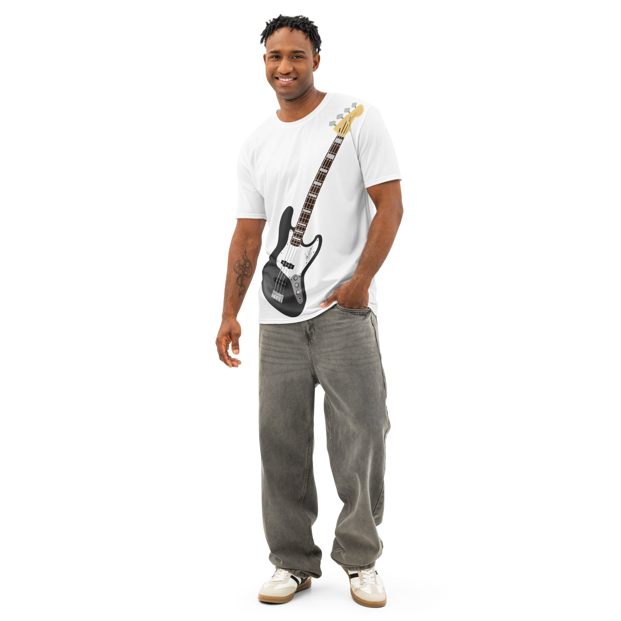 White tshirt with upright bass guitar- air guitar enthusiast- guitar enthusiast tshirt