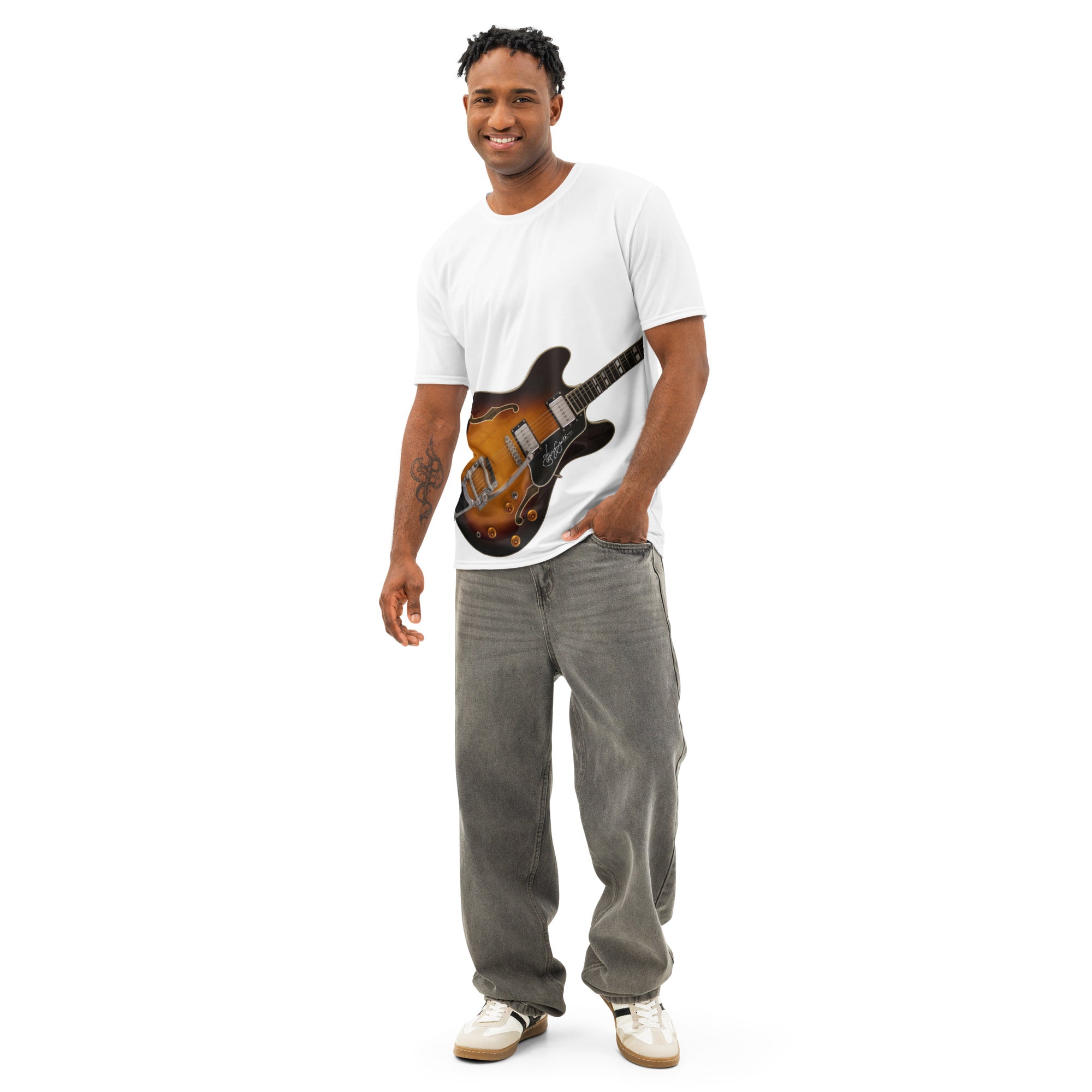 White tshirt Gibson 335-style Air Guitar design print- air guitar enthusiast-guitar player-music fan