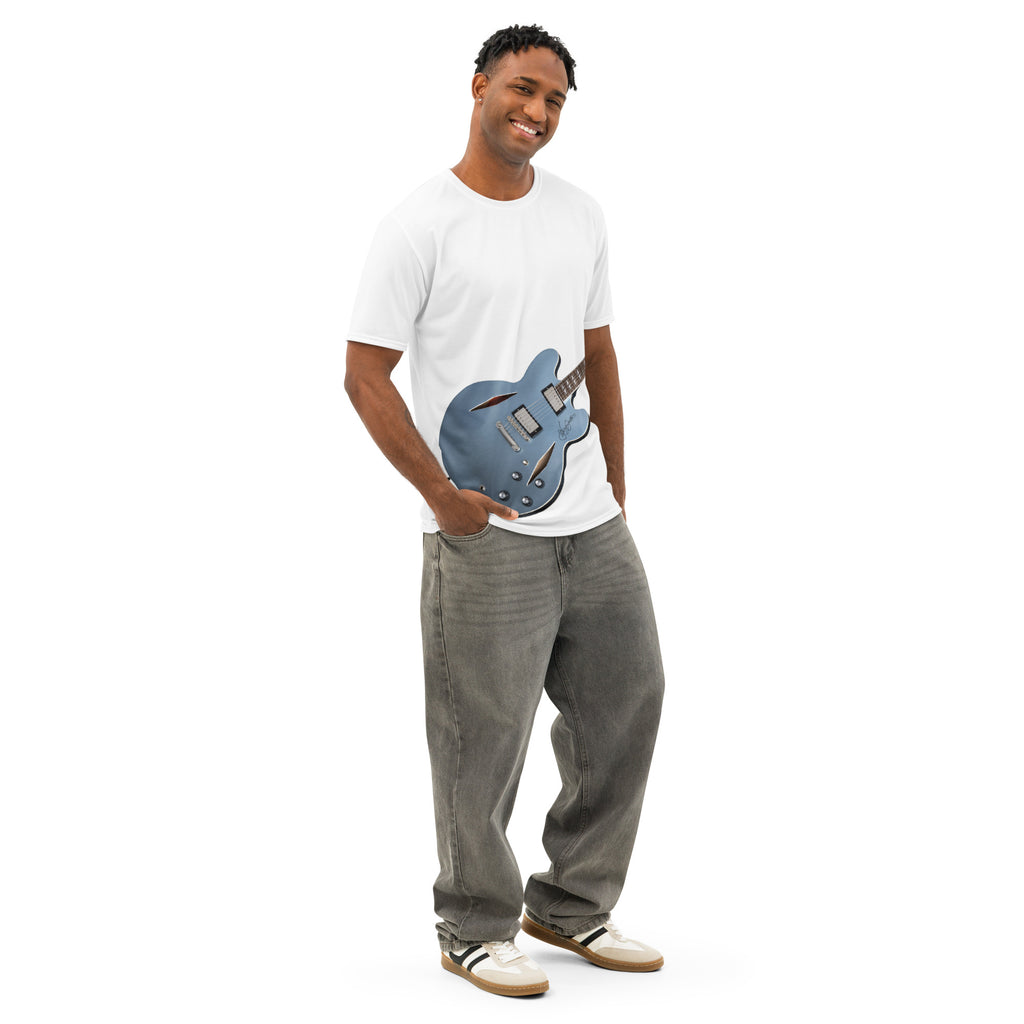 White tshirt with Blue Hollow Body-style design print-guitar player-air guitar enthusiast-music lover