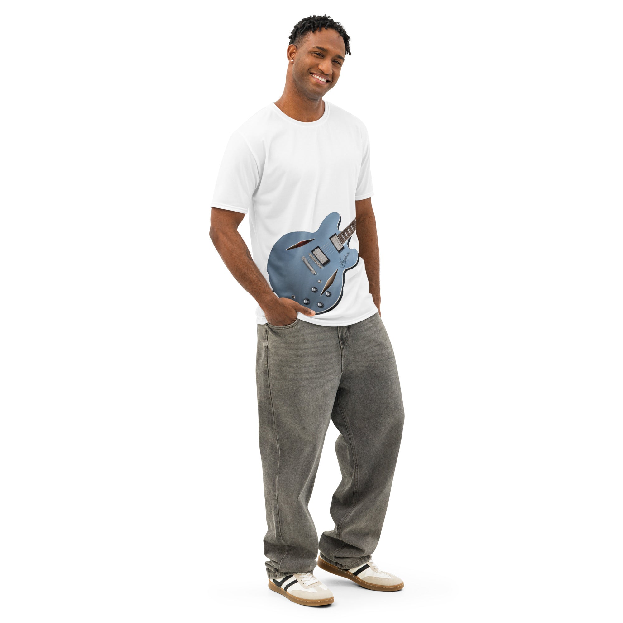 White tshirt with Blue Hollow Body-style design print-guitar player-air guitar enthusiast-music lover