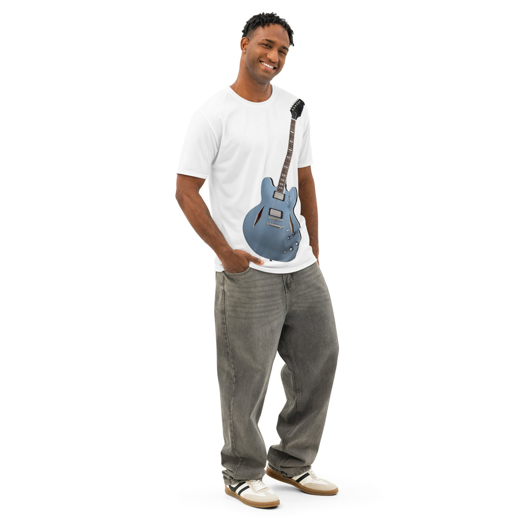 White tshirt with Blue Semi Hollow upright design print-guitar player-air guitar enthusiast-music fan