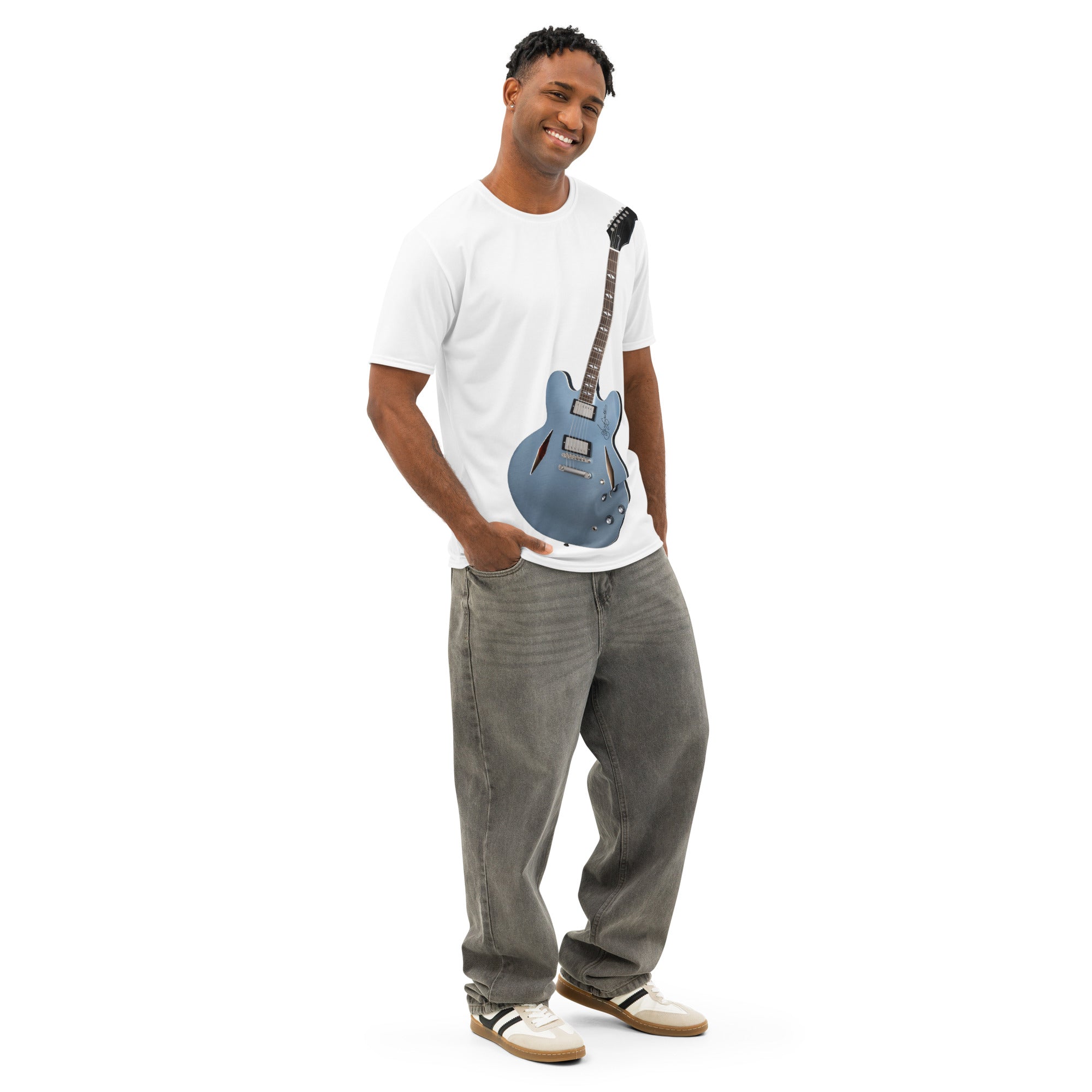 White tshirt with Blue Semi Hollow upright design print-guitar player-air guitar enthusiast-music fan