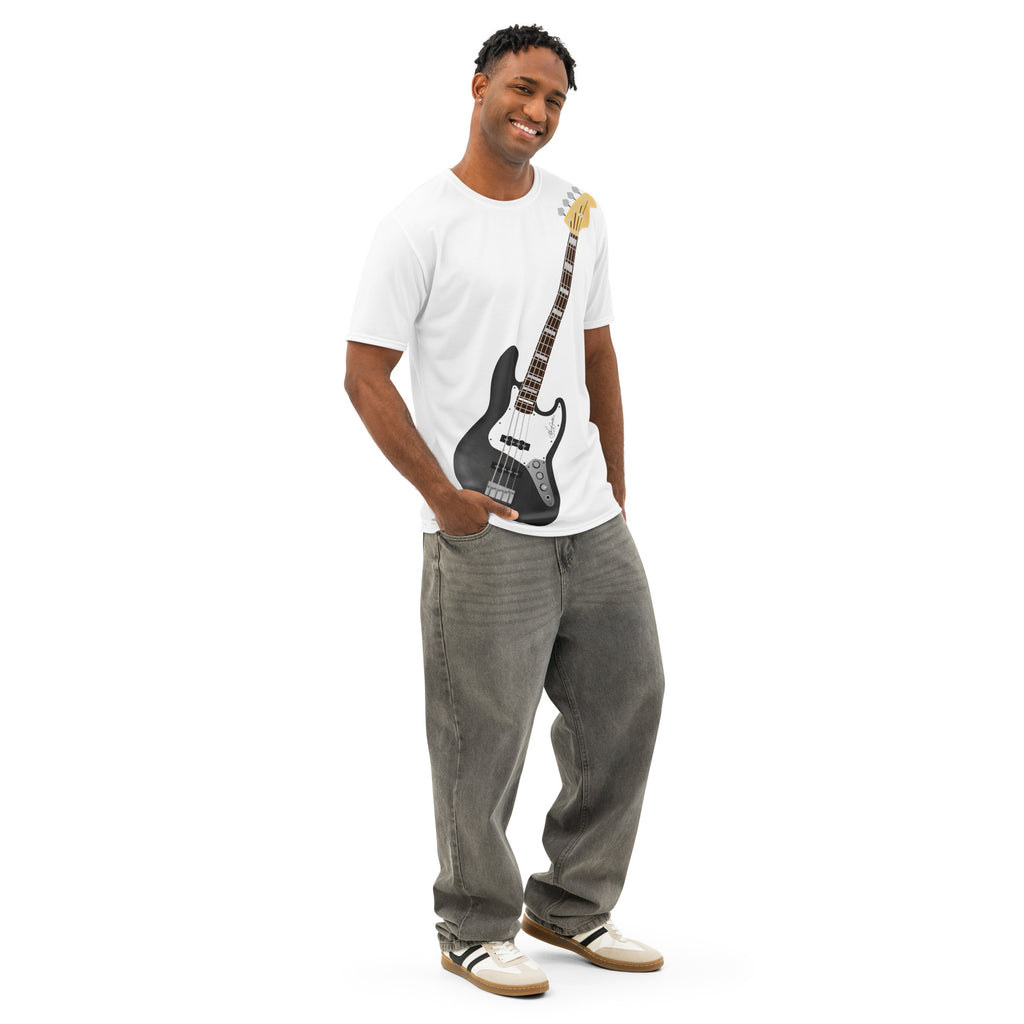 White tshirt with upright bass guitar  image- air guitar enthusiast- guitar enthusiast