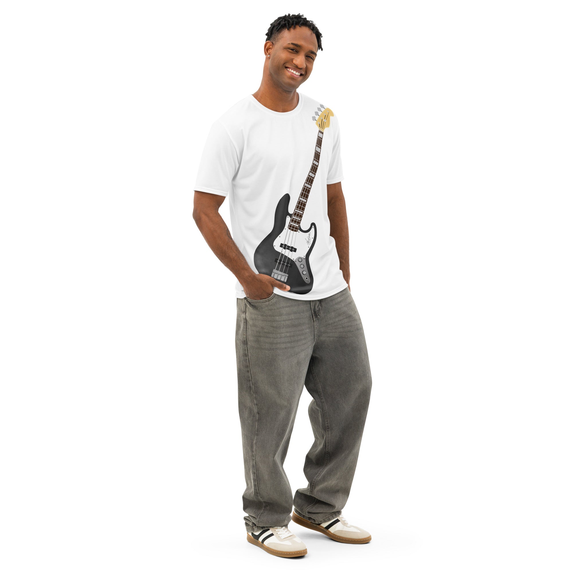 White tshirt with upright bass guitar  image- air guitar enthusiast- guitar enthusiast