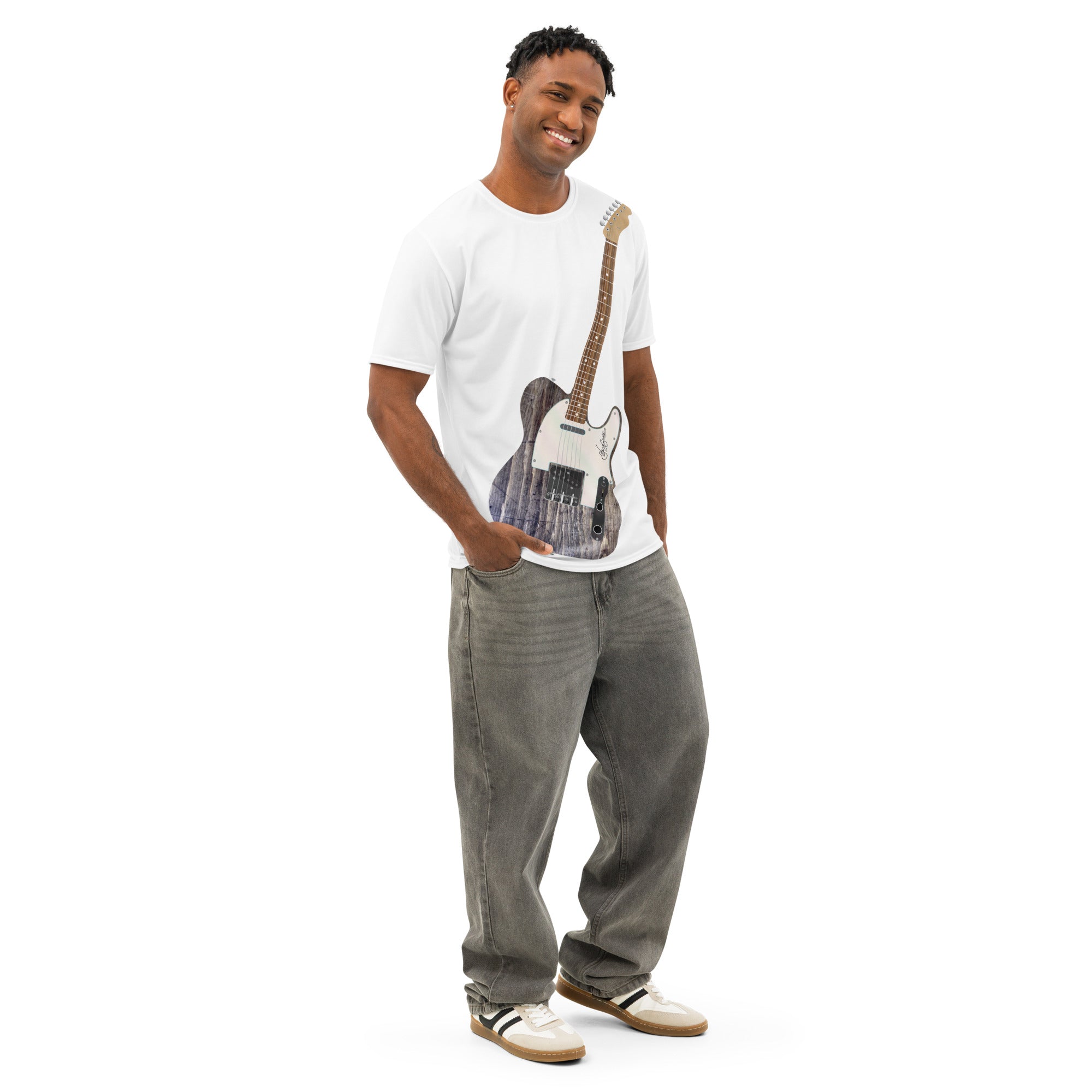 White tshirt Telecaster style guitar upright design print-air guitar enthusiast-guitar player-music fan-band fan