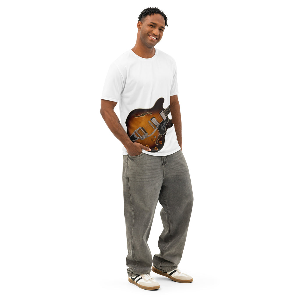 White tshirt with Gibson 335-style Air Guitar design print-air guitar enthusiast-guitar player-music fan